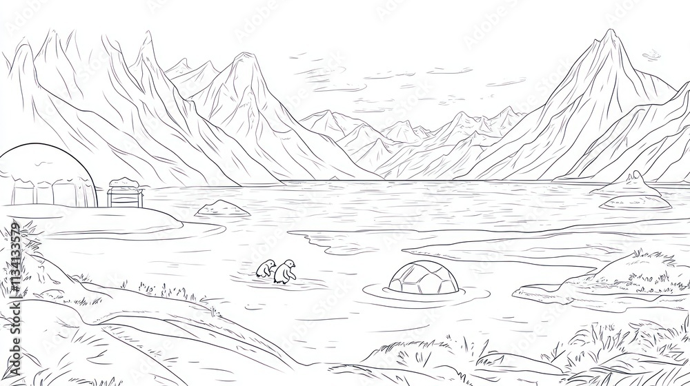 Fototapeta premium Line art illustration of a serene, mountainous landscape with a lake, dome structures, and penguins.