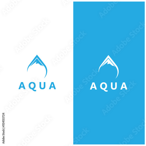 a blue logo with a mountain and water waves  water mountain logo  aqua logo  logo for business  mineral  natural photo