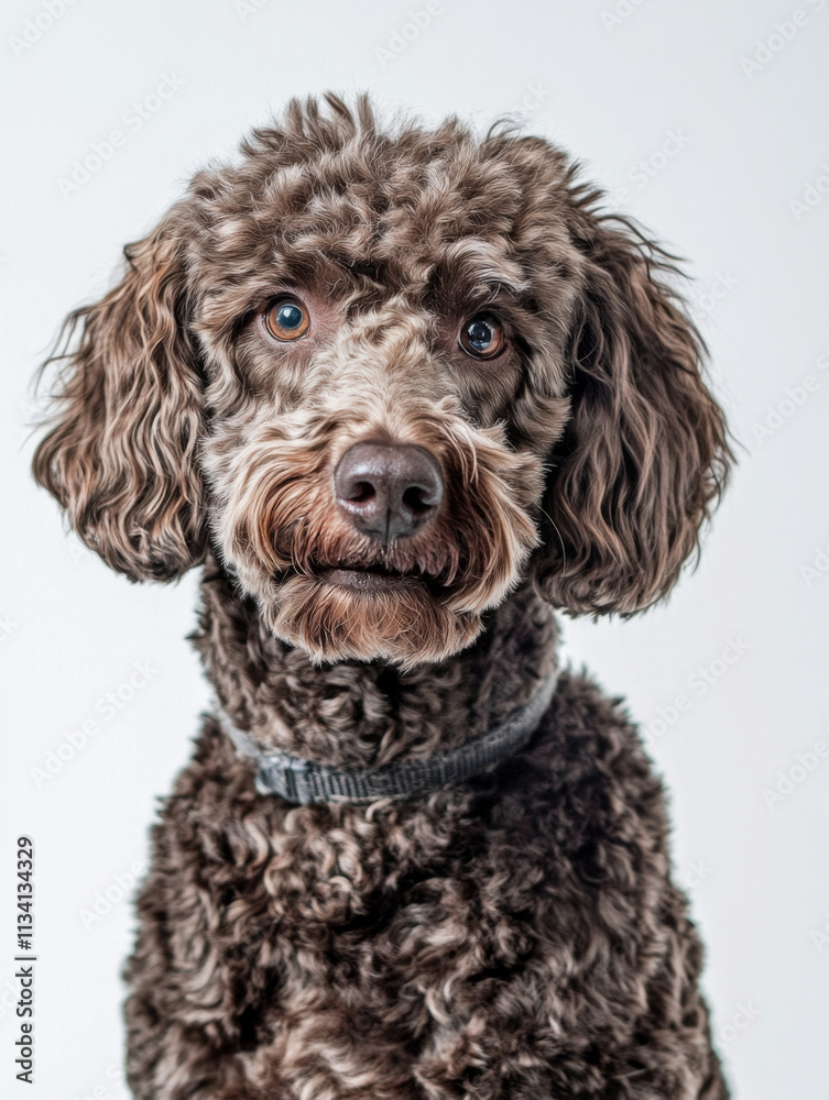 Realistic head on shot of poodle sitting, showcasing its curly fur and expressive eyes. dog appears calm and friendly, making it ideal pet portrait Realistic head on shot of poodle sitting, showcasing its curly fur and expressive eyes. dog appears calm and friendly, making it ideal pet portrait