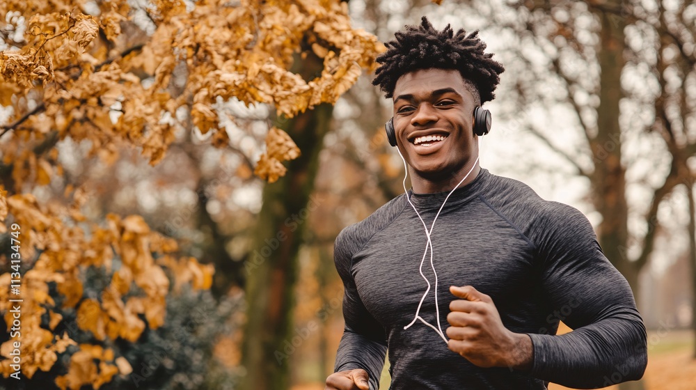 Obraz premium Active young man running in autumn park fitness lifestyle outdoor environment joyful concept