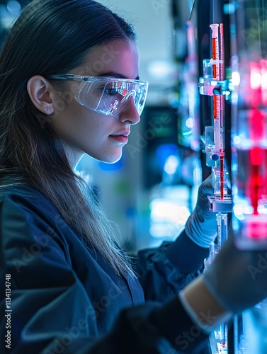 A scientist in a lab analyzes blood samples with advanced technology to obtain vital health insights accurately and meticulously. photo