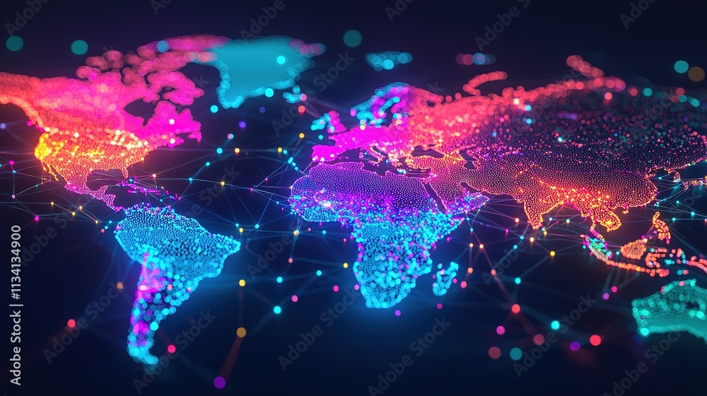 A vibrant digital map of the world with glowing dots and lines, representing connectivity and data visualization in a modern, tech-inspired design.