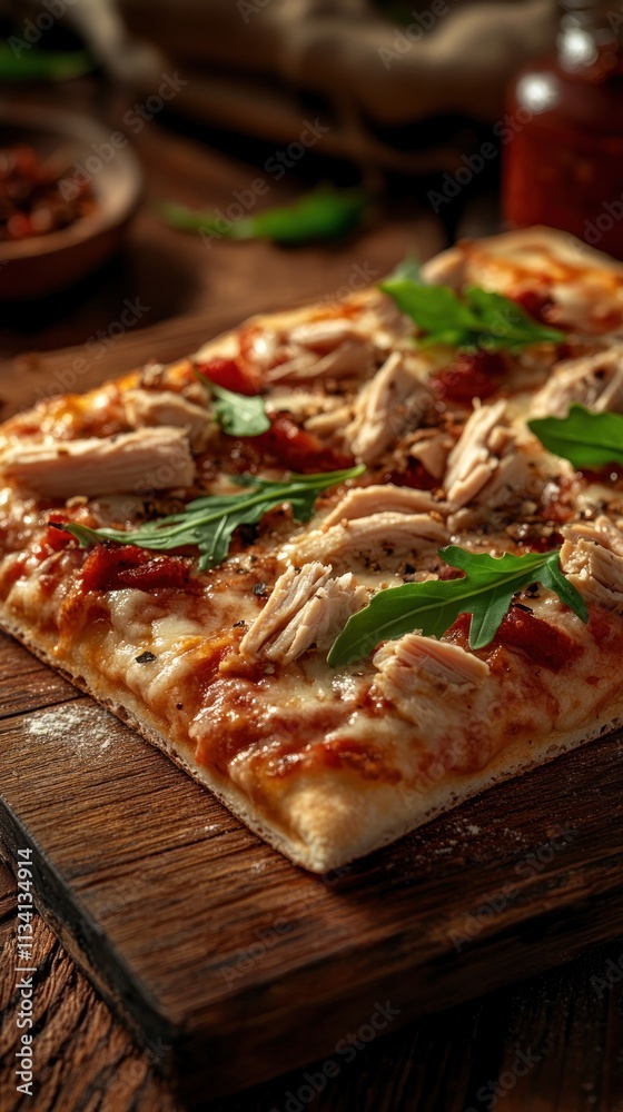 A delicious pizza topped with chicken, herbs, and sauce on a wooden board. A delicious pizza topped with chicken, herbs, and sauce on a wooden board.