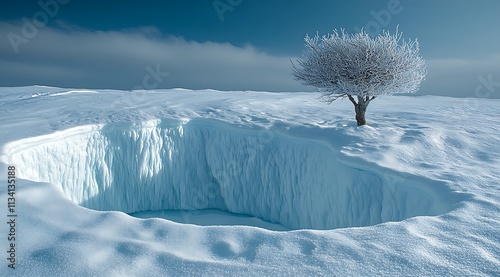 Winter landscape featuring a snow covered crevasse and lone tree