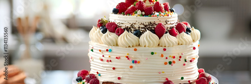 Luxuriously Layered Cake with Creamy Frosting and Vibrant Toppings