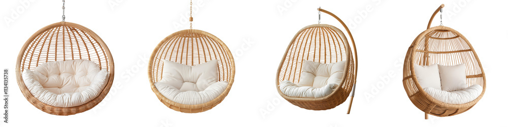 Fototapeta premium Cozy rattan hanging chairs in organic egg shaped or cocoon like designs offer a tranquil retreat for relaxation and comfort in both outdoor and indoor spaces
