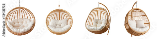 Cozy rattan hanging chairs in organic egg shaped or cocoon like designs offer a tranquil retreat for relaxation and comfort in both outdoor and indoor spaces photo