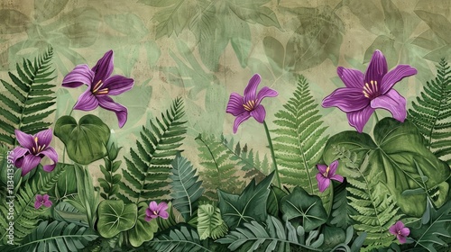 botanical drawing of three yogi purple trilliums, green ferns