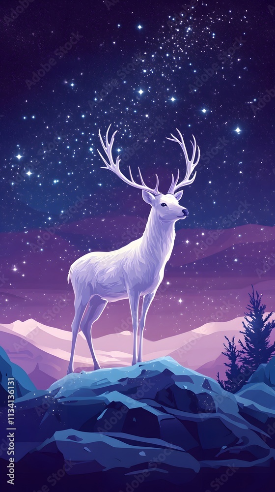 A majestic white deer with perfect antlers, on the mountain and the view of the stars in the beautiful sky A majestic white deer with perfect antlers, on the mountain and the view of the stars in the beautiful sky