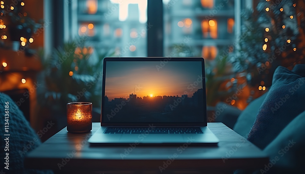 Laptop displays city sunset cozy evening scene Laptop displays city sunset cozy evening scene