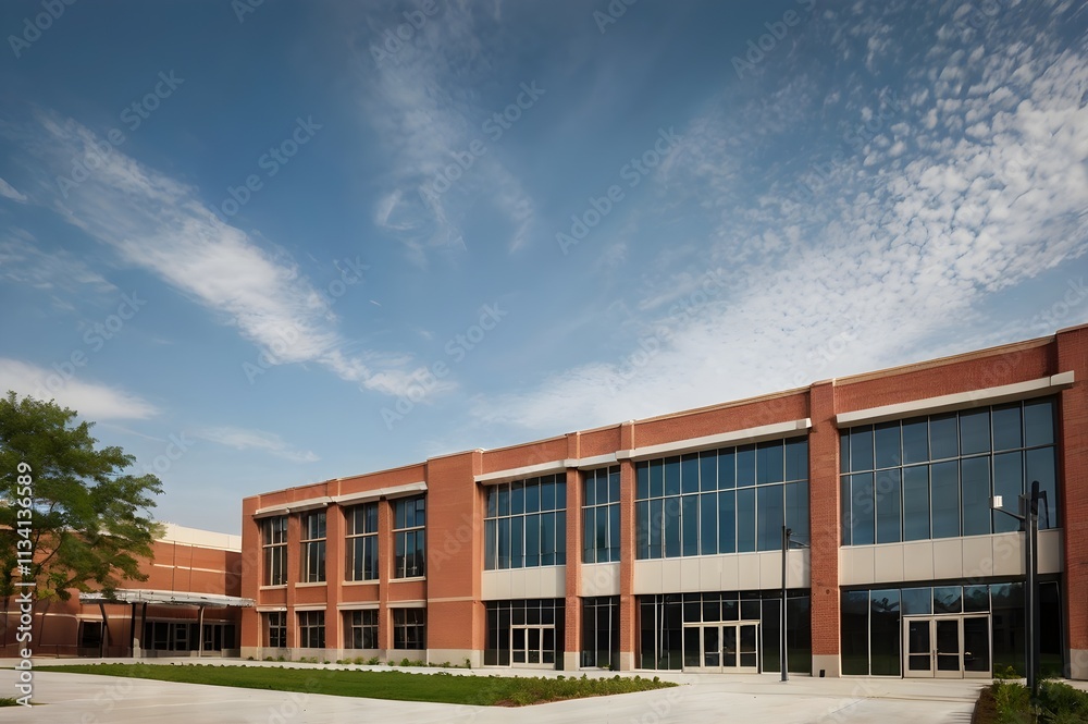 View of architecture of American school building exterior concept. View of architecture of American school building exterior concept.