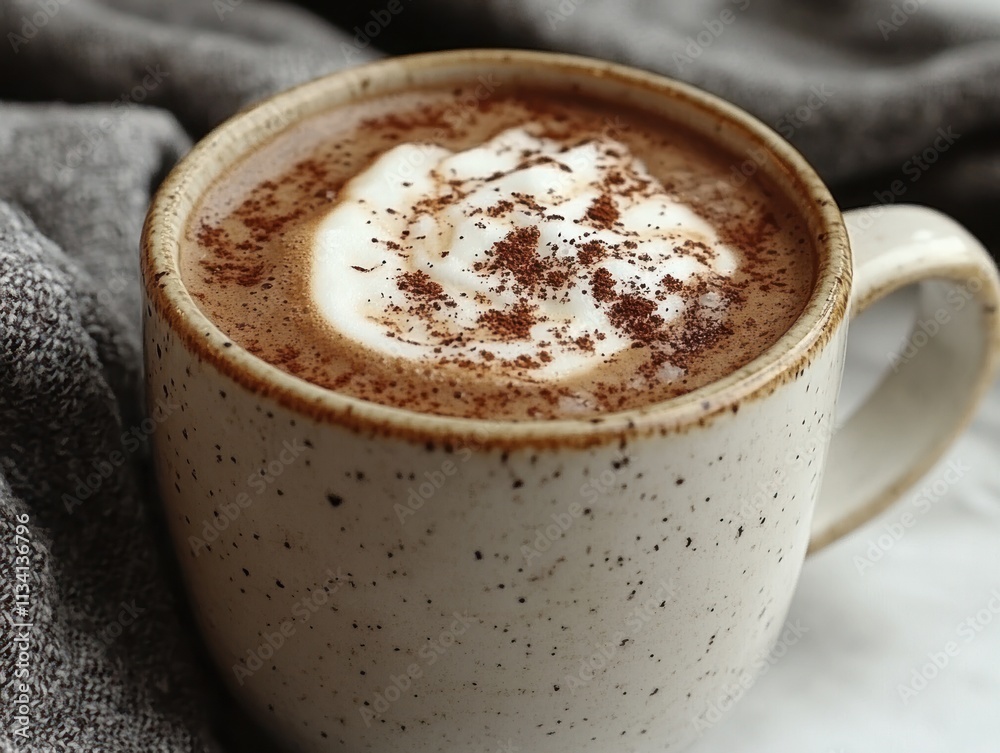 A warm cup of coffee topped with cream and cocoa, resting on a textured surface. A warm cup of coffee topped with cream and cocoa, resting on a textured surface.