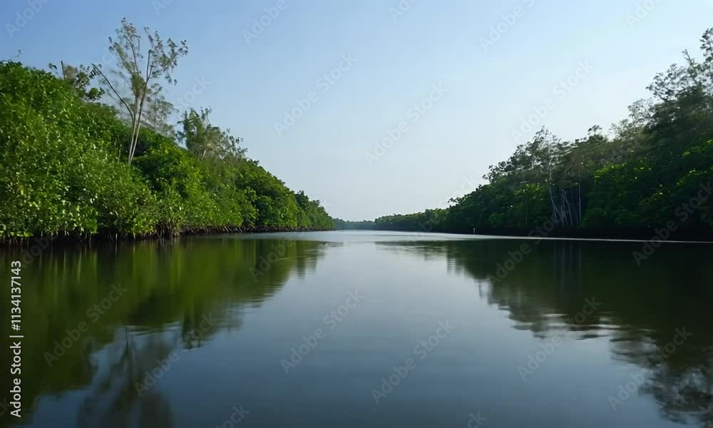 A serene river scene bordered by lush mangroves under a clear blue sky. A serene river scene bordered by lush mangroves under a clear blue sky.