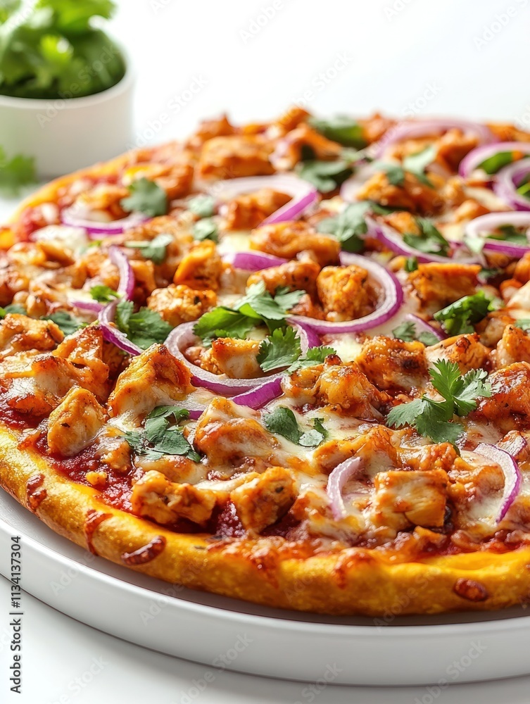 A delicious pizza topped with chicken, red onions, and cilantro on a white background.