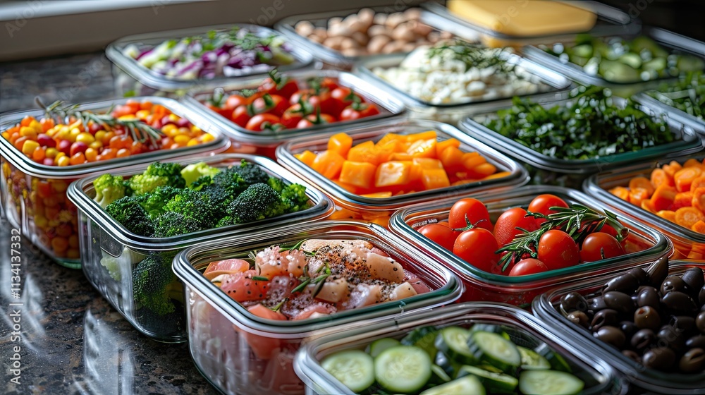 Buffet-style layout featuring trays of fresh salads and vibrant vegetables, ideal for a healthy dining experience.