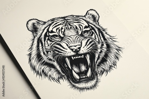 Roaring tiger head, black and white ink drawing. photo