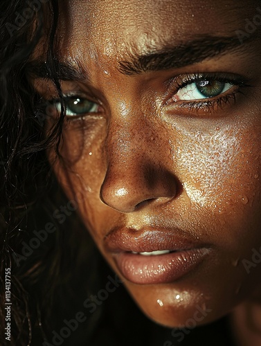 A close-up captures a woman's tearful expression, revealing her emotional vulnerability, while soft lighting accentuates the depth of her eyes.
