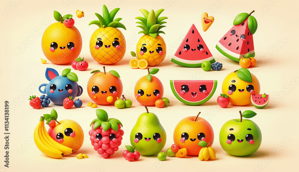Naklejka premium A collection of vibrant 3D cartoon fruits with cheerful expressions, showcasing a playful mix of tropical and fresh produce