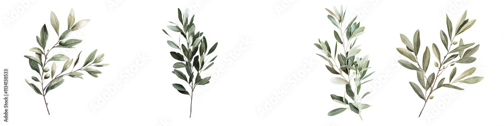 Assorted Olive Leaves and Branches on White Background Closeup of fresh green olive leaves and olive tree branches in various shapes and arrangements creating a natural organic botanical composition Assorted Olive Leaves and Branches on White Background Closeup of fresh green olive leaves and olive tree branches in various shapes and arrangements creating a natural organic botanical composition