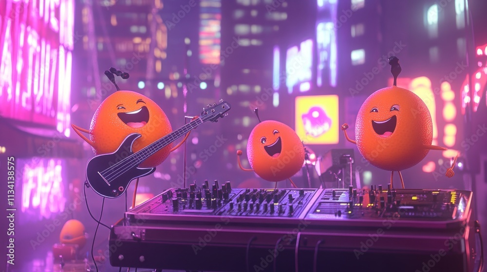 Fototapeta premium Cartoon orange characters playing music in a vibrant city night scene.