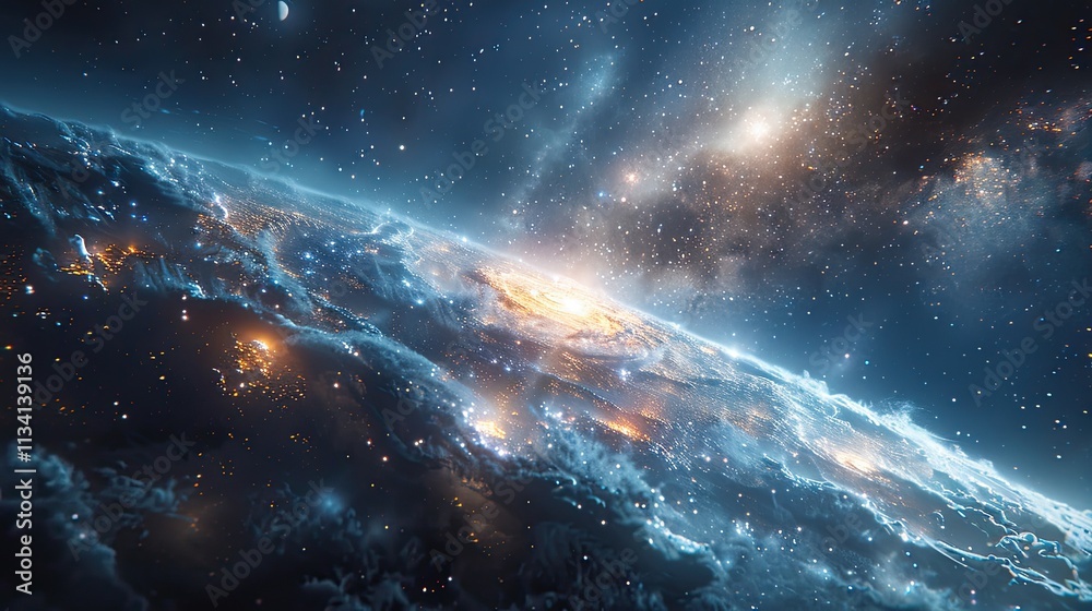 Fototapeta premium Stunning visualization of deep space showcasing colorful nebulae, stars, and distant planets in a cosmic landscape, perfect for astronomy themes
