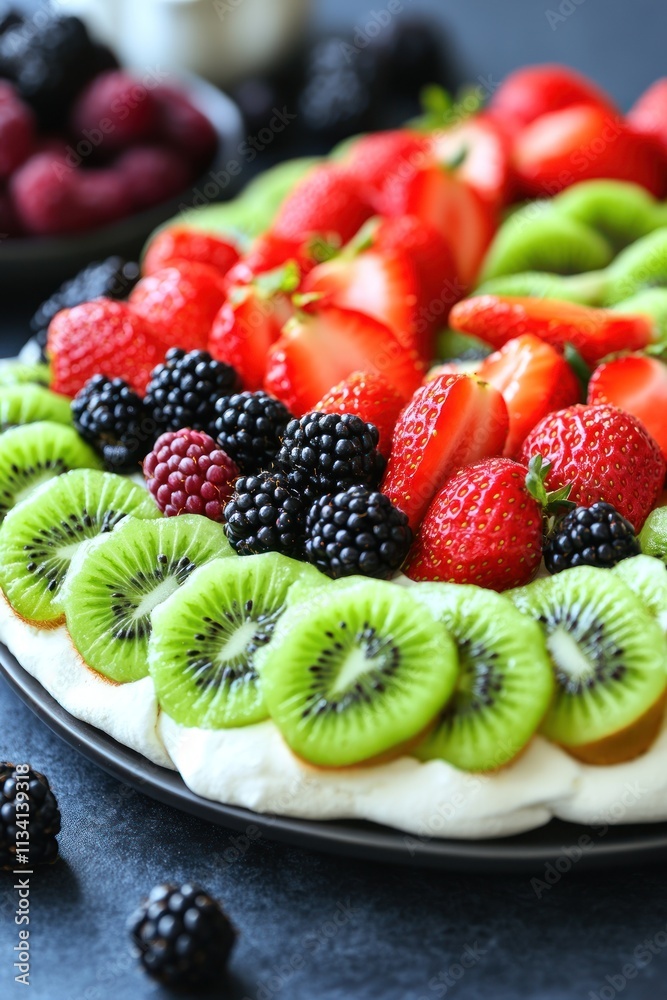 A vibrant fruit tart topped with strawberries, kiwi, and blackberries on a creamy base. A vibrant fruit tart topped with strawberries, kiwi, and blackberries on a creamy base.