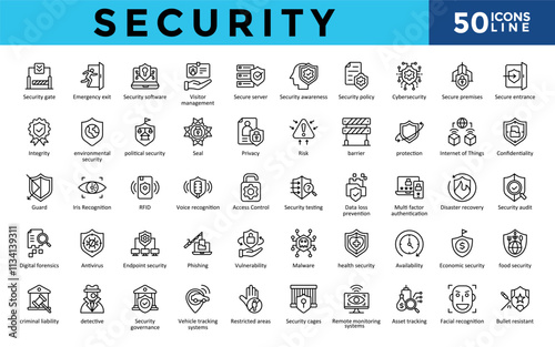 Security icons set with security gate, emergency exit, security software, visitor management, secure server, security awareness, security policy, cybersecurity icon. Simple line vector 