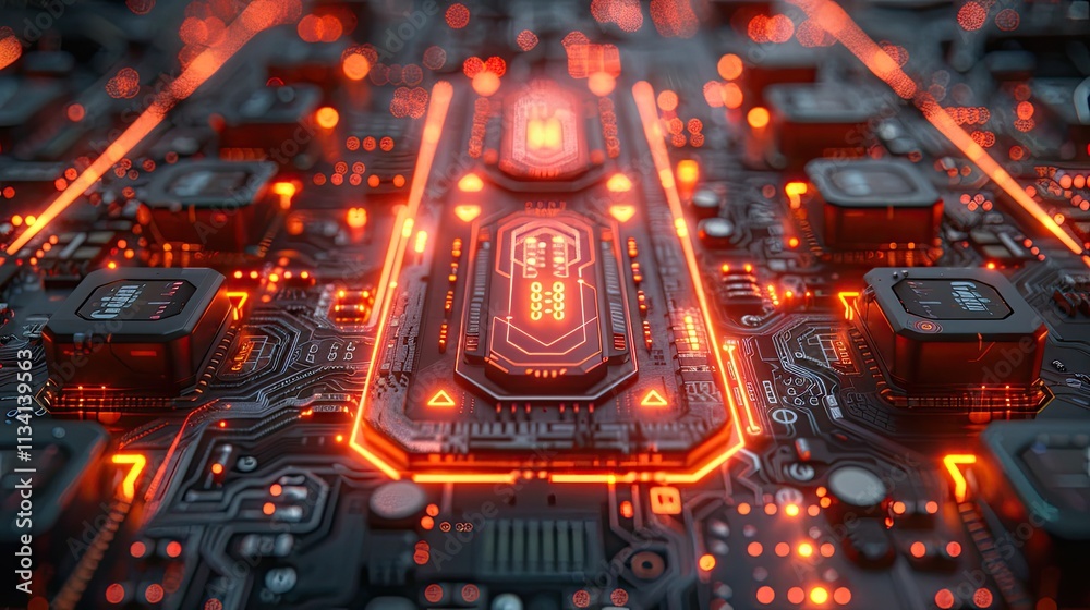 Obraz premium Futuristic circuit board illuminated by neon lights featuring intricate details of electronic components, ideal for technology and innovation concepts