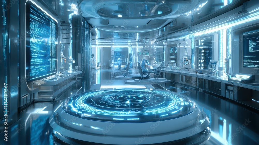 Futuristic lab, glowing screens, central display. Futuristic lab, glowing screens, central display.
