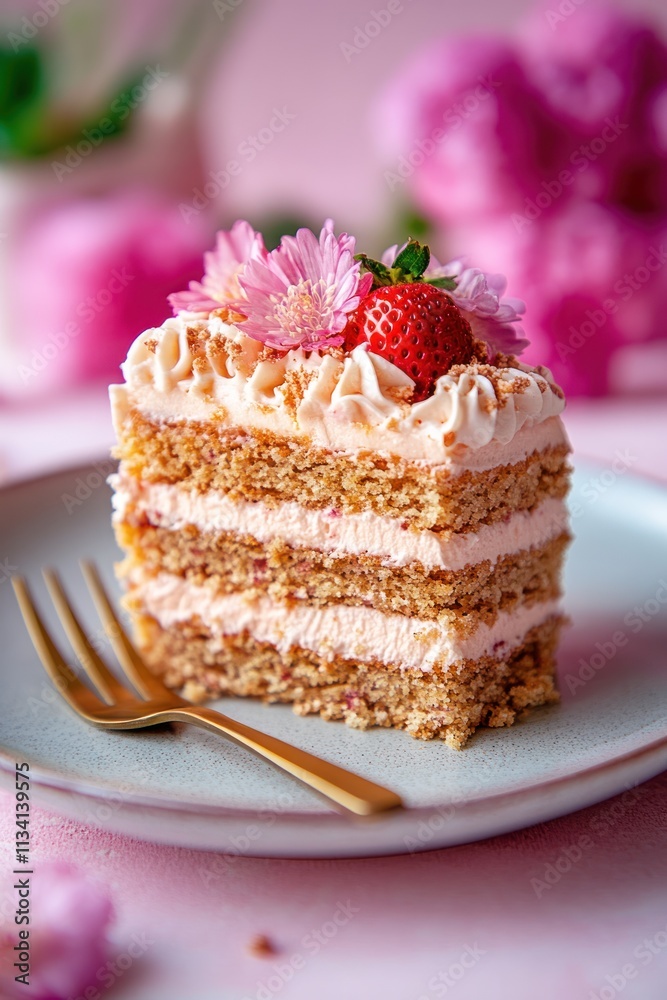 A slice of layered cake adorned with flowers and a strawberry, set on a pastel plate. A slice of layered cake adorned with flowers and a strawberry, set on a pastel plate.