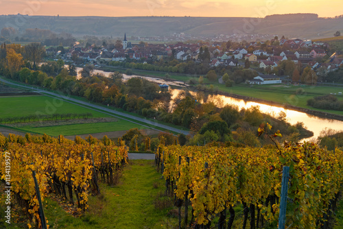 Blick von den Weinbergen bei Stammheim, Landkreis Schweinfurt, auf Obereisenheim am Main und die Mainebene, Landkreis Würzburg, Franken, Unterfranken, Bayern, Deutschland