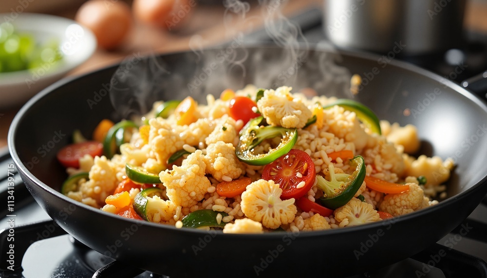 Stir-fried cauliflower rice with colorful vegetables steaming in a frying pan Stir-fried cauliflower rice with colorful vegetables steaming in a frying pan