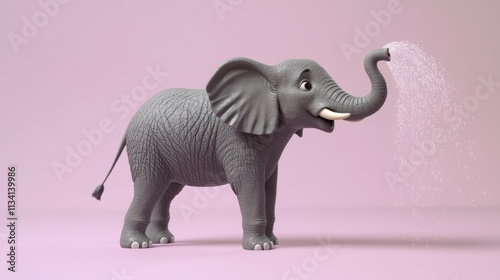 Cute cartoon elephant spraying water playfully on a pink background. photo