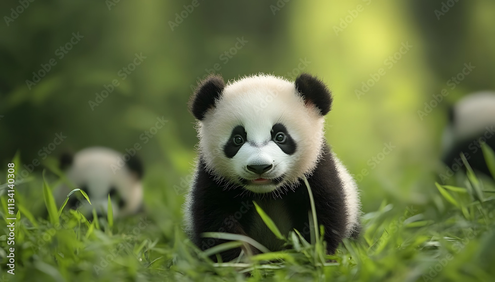 Fototapeta premium Adorable Panda Cub in Lush Green Forest