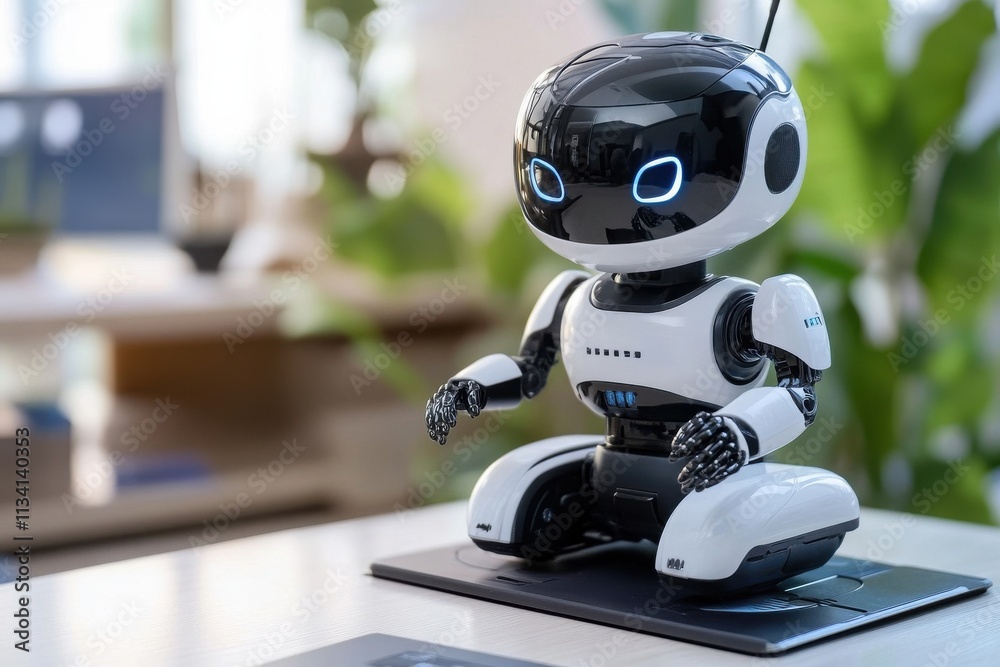 Fototapeta premium Cute and Friendly Robot with Big Blue Eyes Sitting on a Desk Surrounded by Green Plants and Modern Office Decor, Perfect for Technology and Future Concepts