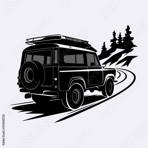 A vintage-style graphic illustration of a classic off road vehicle with a roof rack, large spare tire