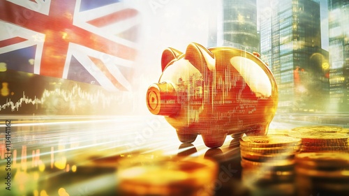 UK Flag and Piggy Bank with Coins Savings