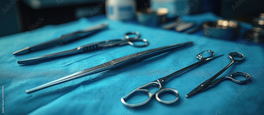 Sterile surgical instruments on a blue drape. Sterile surgical instruments on a blue drape.