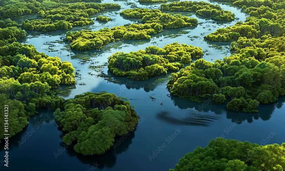 Aerial view of lush green mangroves and winding waterways under a cloudy sky. Aerial view of lush green mangroves and winding waterways under a cloudy sky.