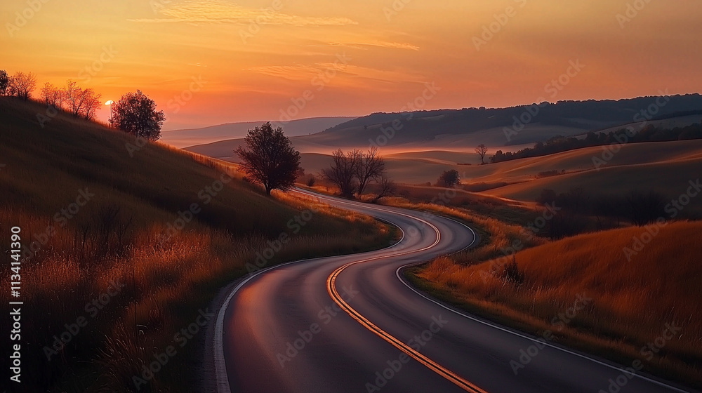 Winding Road Through Tranquil Countryside at Dawn Winding Road Through Tranquil Countryside at Dawn