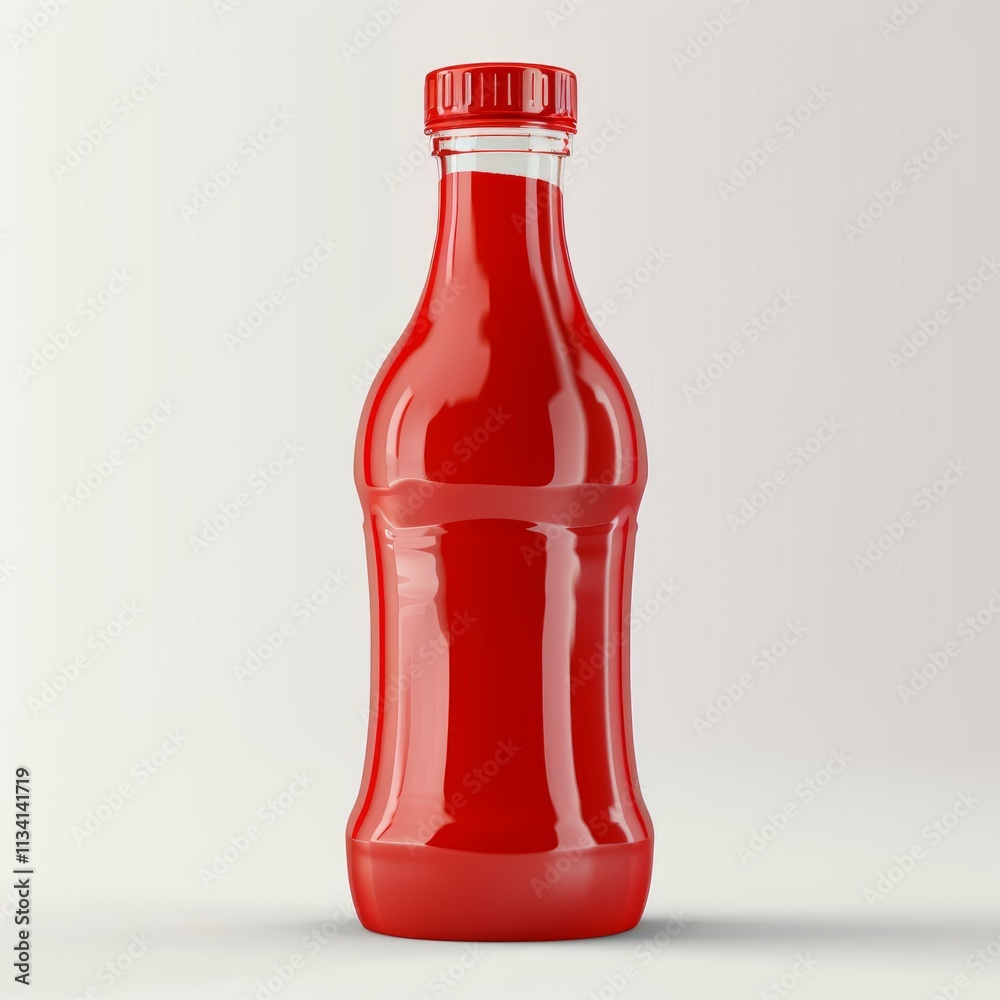 Red plastic bottle of ketchup with blank label standing on white background Red plastic bottle of ketchup with blank label standing on white background