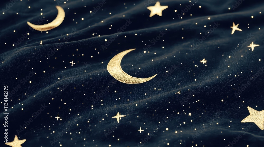 Celestial Nightscape: Golden Moons and Stars Adorn a Dark Velvet Fabric