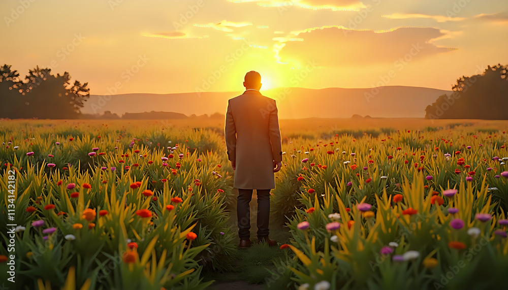 Fototapeta premium a man standing in a field of flowers looking at the sun at sunrise
