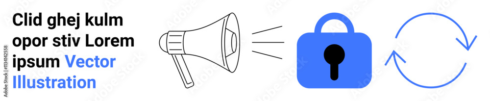 Megaphone emitting sound waves, blue padlock with keyhole symbolizing security, and refresh arrows representing update or cycle. Ideal for marketing, cybersecurity, renewal services, communication Megaphone emitting sound waves, blue padlock with keyhole symbolizing security, and refresh arrows representing update or cycle. Ideal for marketing, cybersecurity, renewal services, communication
