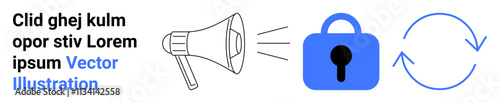 Megaphone emitting sound waves, blue padlock with keyhole symbolizing security, and refresh arrows representing update or cycle. Ideal for marketing, cybersecurity, renewal services, communication