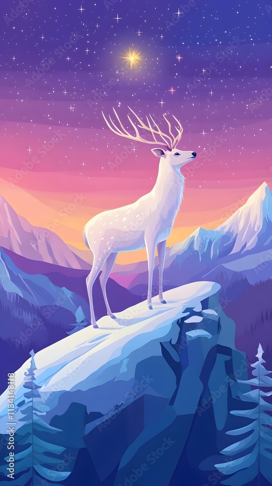 A majestic white deer with perfect antlers, on the mountain and the view of the stars in the beautiful sky A majestic white deer with perfect antlers, on the mountain and the view of the stars in the beautiful sky
