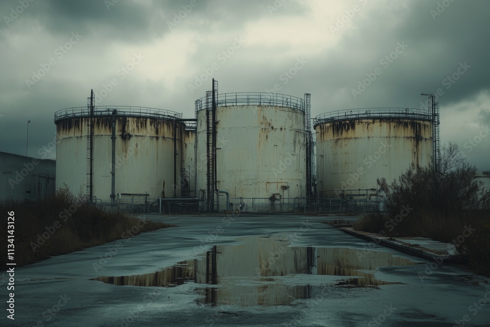Obraz premium Industrial Storage Tanks Under Cloudy Sky
