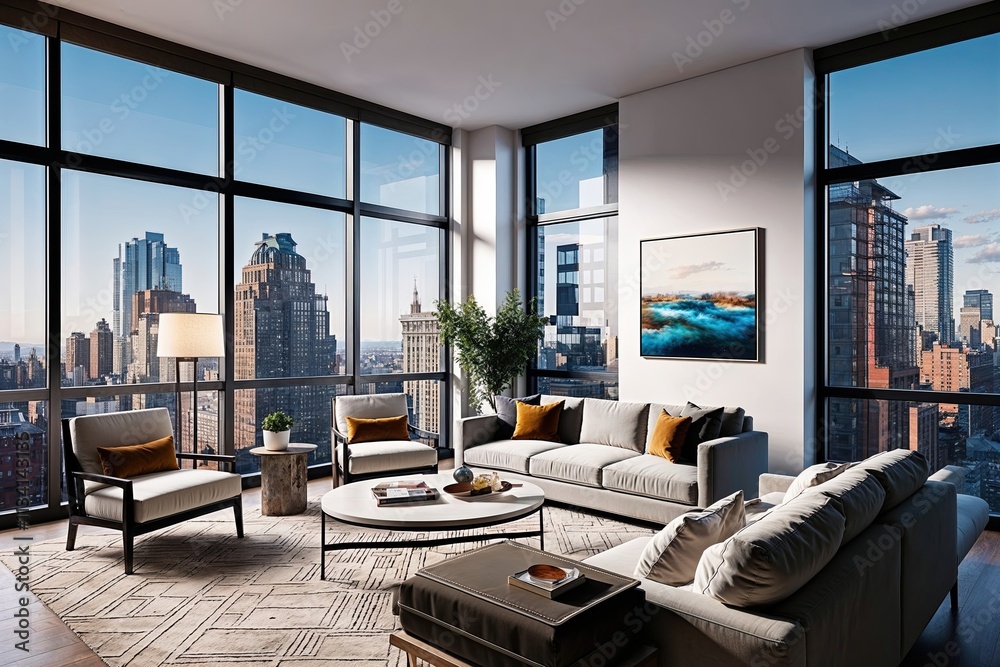 Fototapeta premium Chic Urban Loft Visualization with Expansive Windows and Contemporary Interior Design