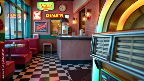 Retro 1950s American Diner Interior with Jukebox and Booths