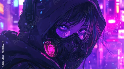 Synthwave anime manga girl, lofi background wallpaper design, neon, woman, hoodie, cyber punk, steam punk, gas mask